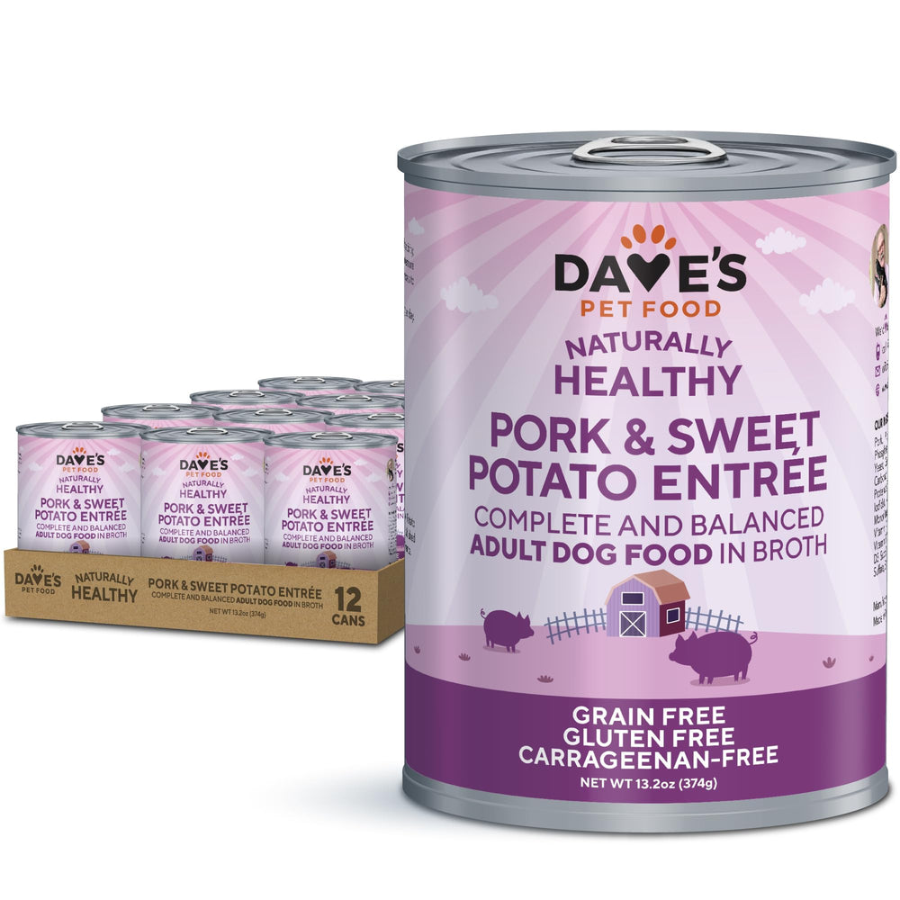 Dave's Pet Food lata cerdo patata dulce en caldo, ideal para alimentar con sabor.