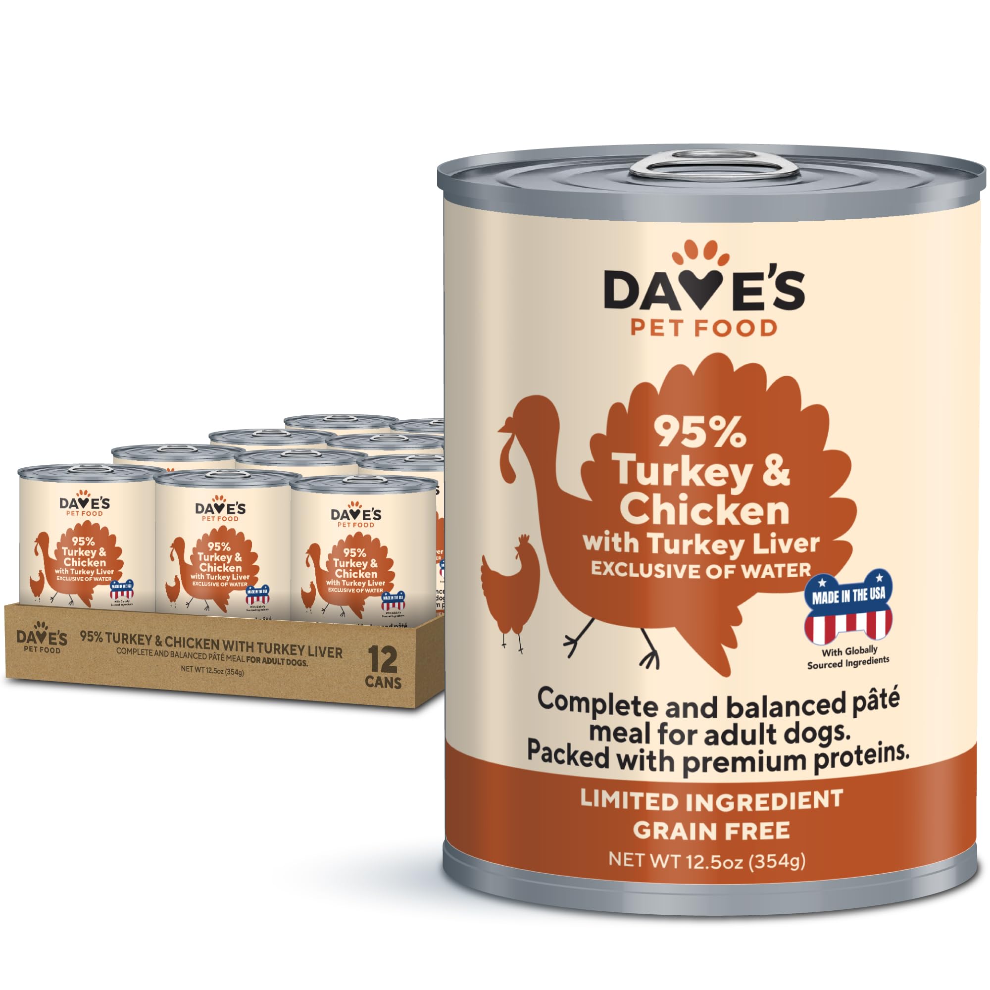 Dave's Pet Food lata humeda 95% pavo y pollo para perros con estómagos sensibles.