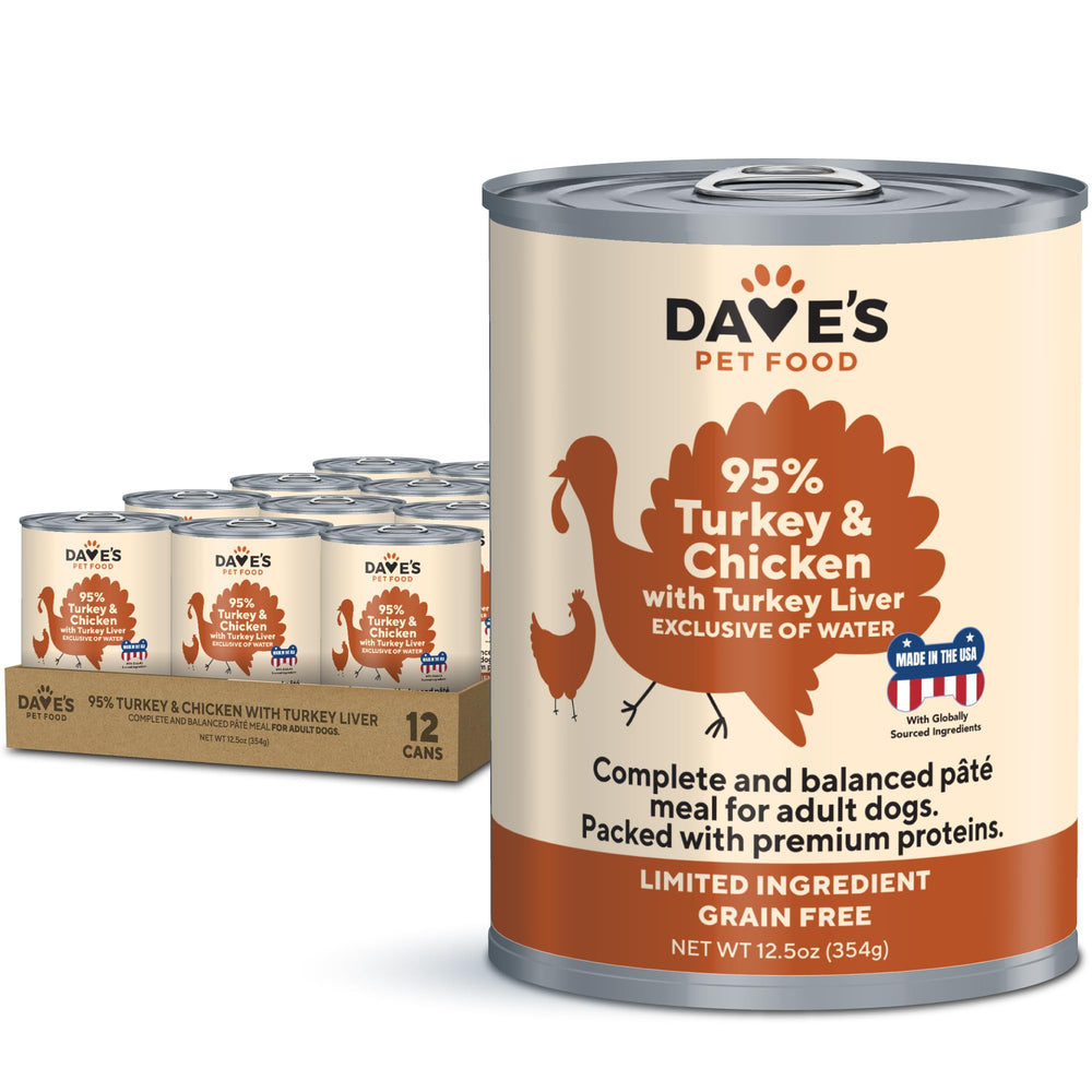 Dave's Pet Food lata humeda 95% pavo y pollo para perros con estómagos sensibles.