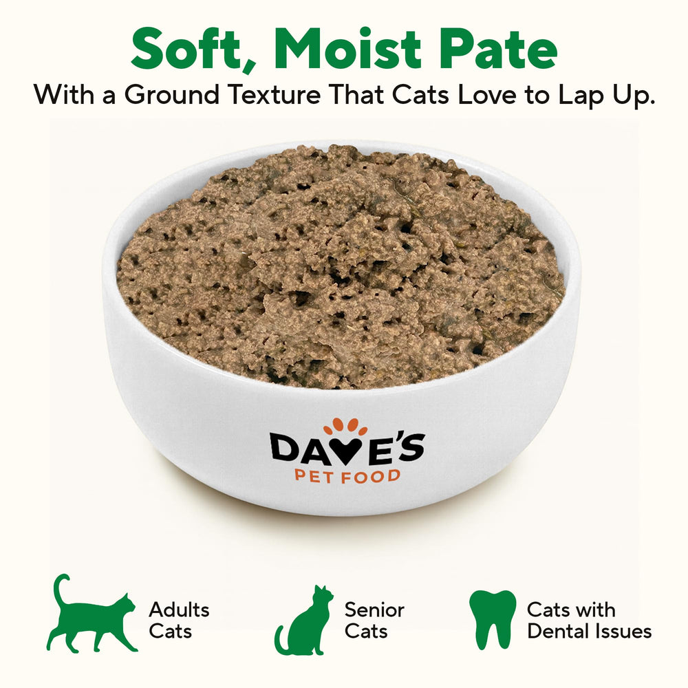 Dave's Pet Food empaquetado en paquete de 24 latas para conveniencia.