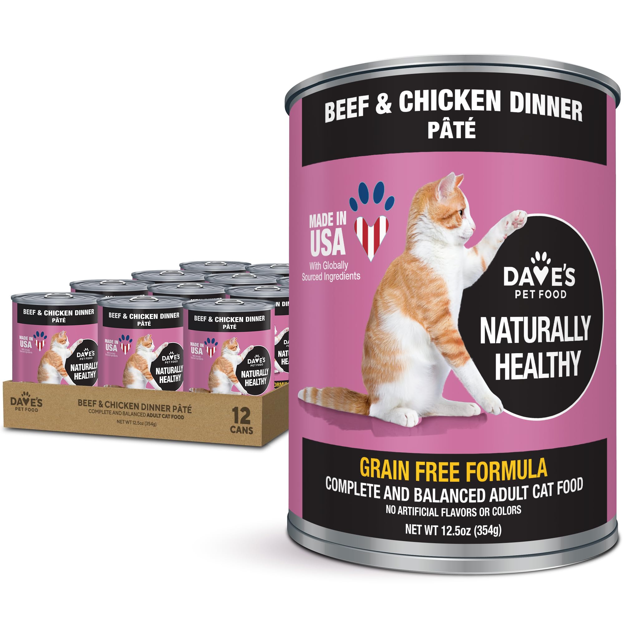 Dave's Pet Food pate para gato sin granos, lata abierta, sabor res y pollo