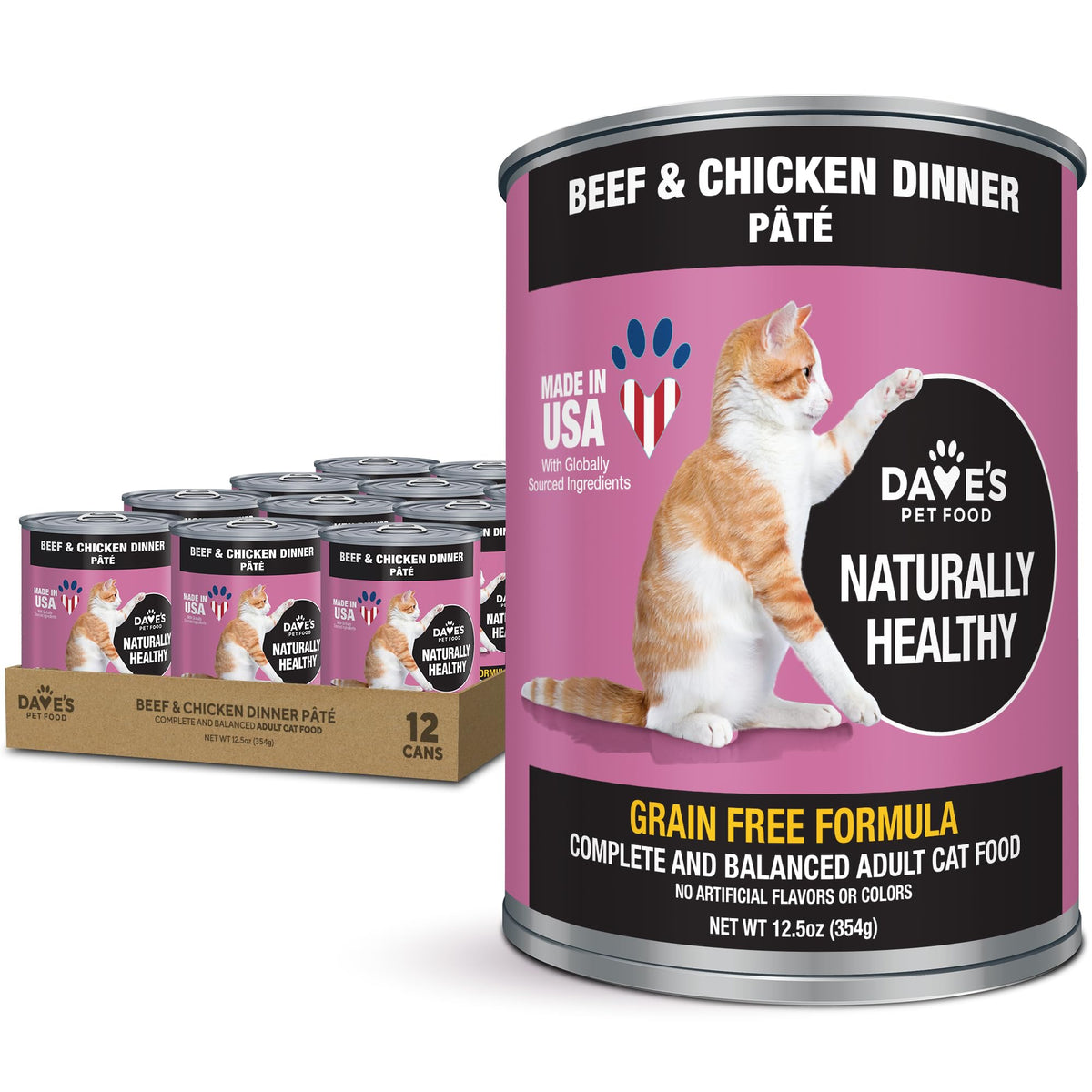 Dave's Pet Food pate para gato sin granos, lata abierta, sabor res y pollo