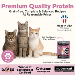 Lata cerrada de Dave's Pet Food pate para gato sin granos, presentación conveniente