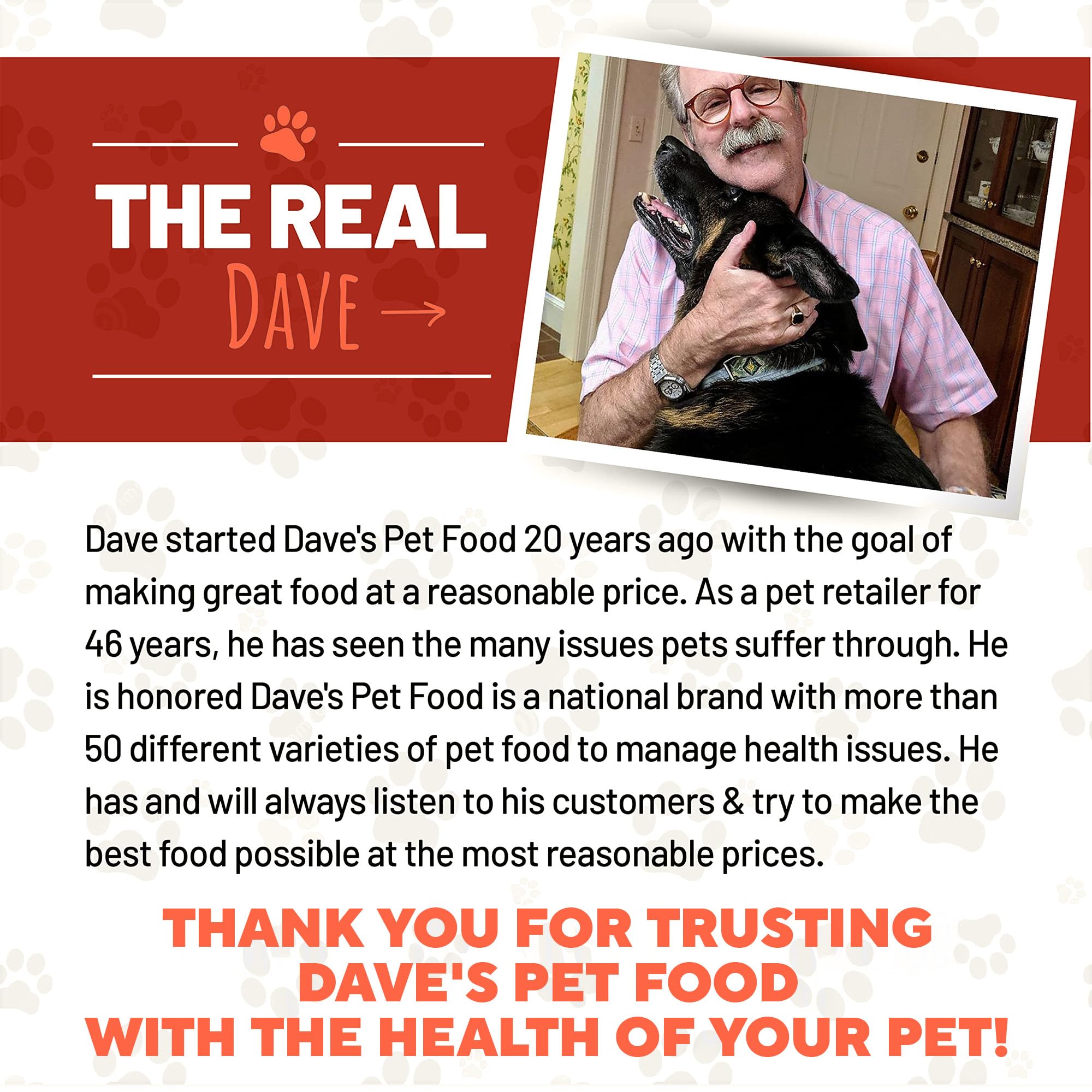 Dave's Pet Food plato servido y perro comiendo con apetito.