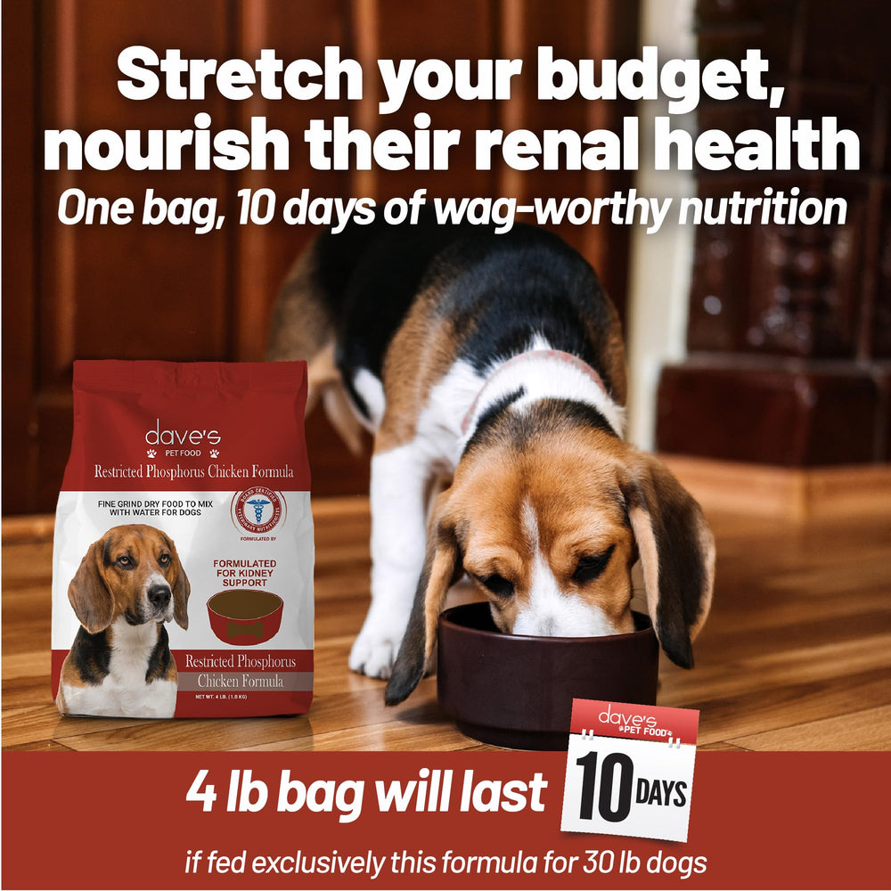 Dave’s Pet Food Kidney Care rinde aproximadamente diez días por saco.