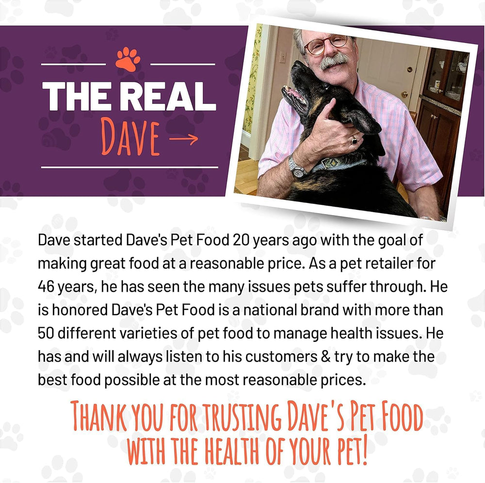 Dave's Pet Food sin granos ni colorantes artificiales para perros sensibles.