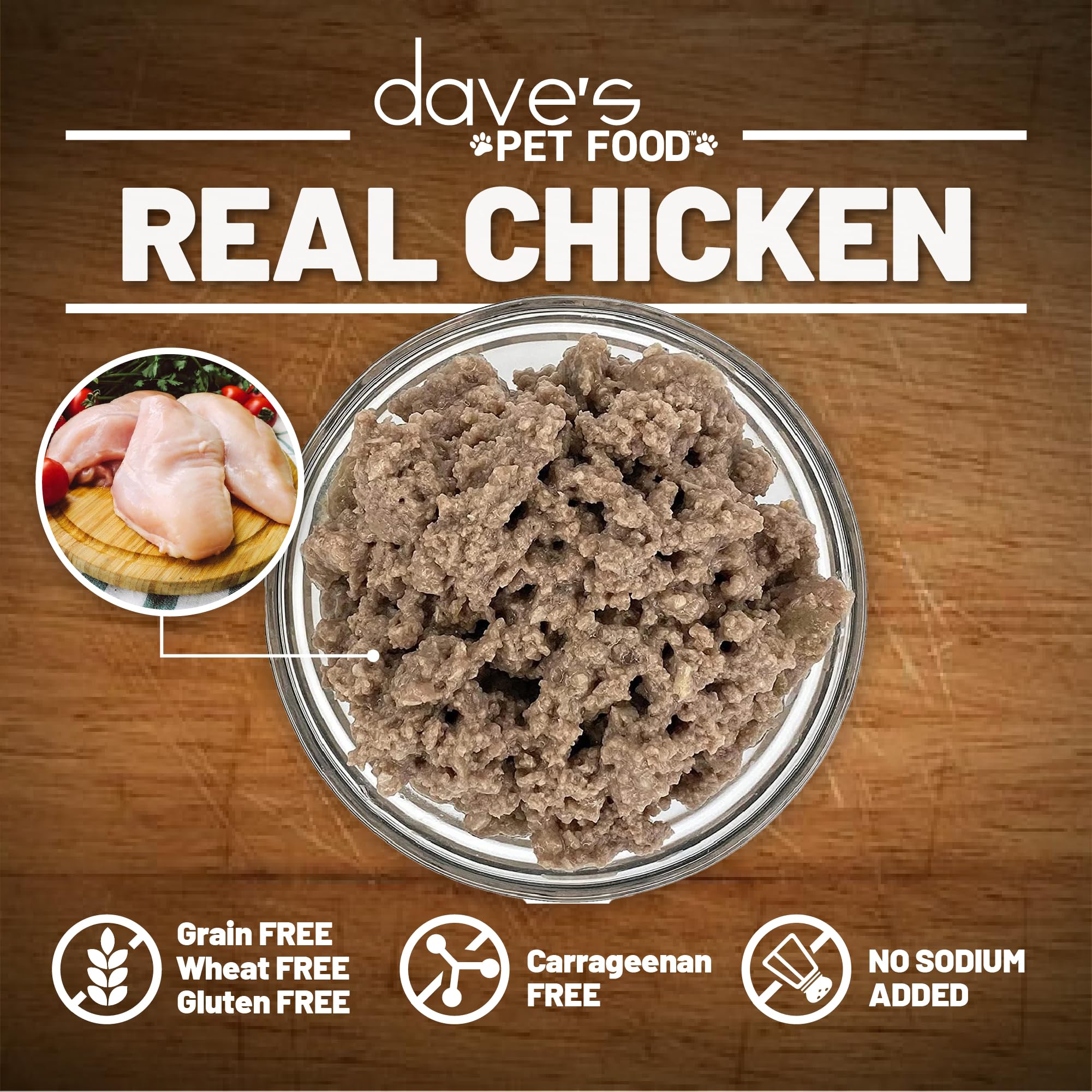 Dave's Pet Food: textura-pate-pollo, fácil de comer para perros.