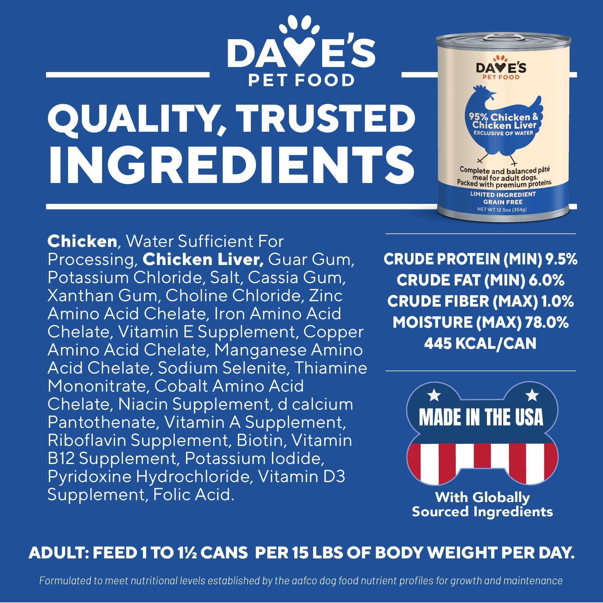 Dave's Pet Food con vitaminas y minerales añadidos para la nutrición diaria.
