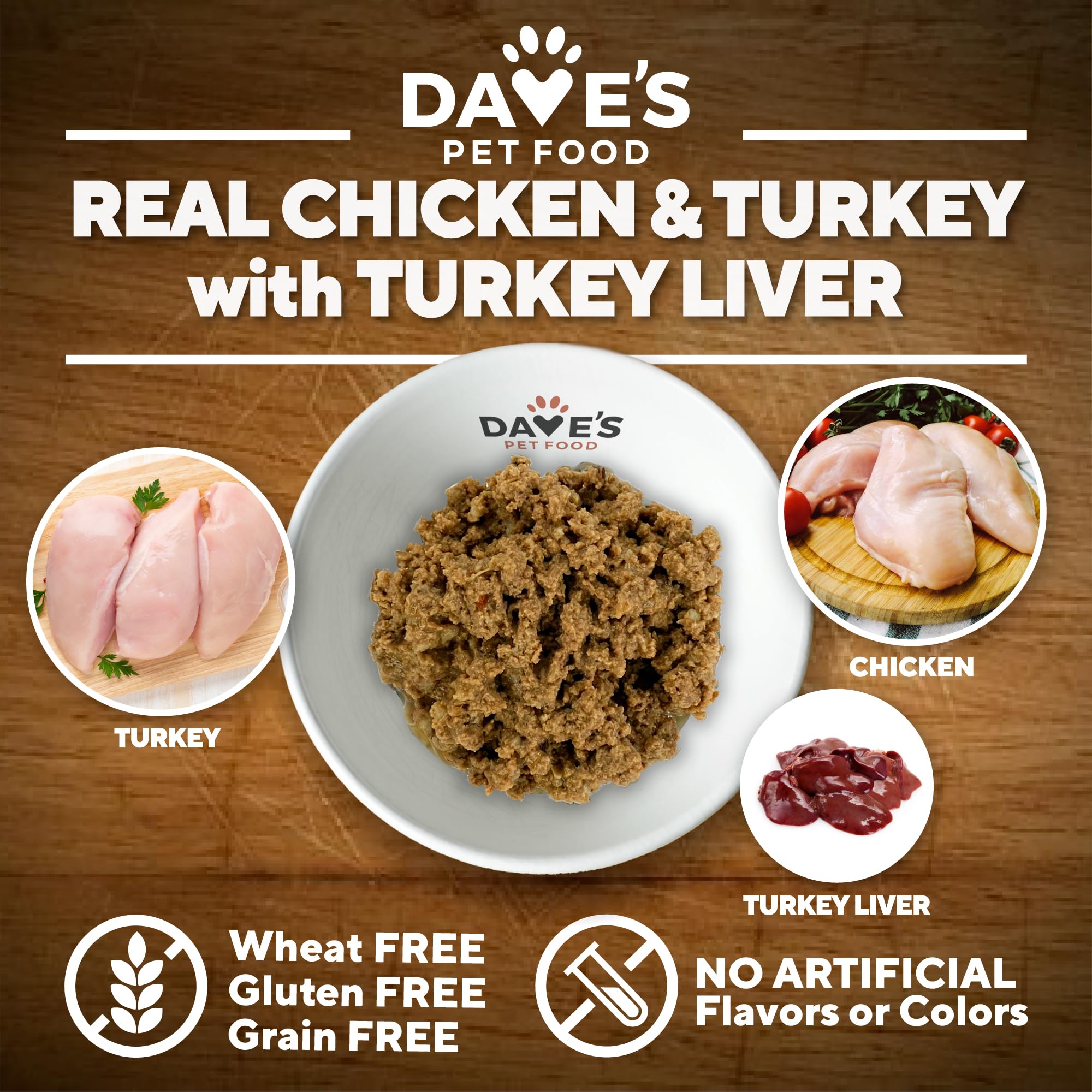 Dave's Pet Food con vitaminas y minerales añadidos para una comida completa y equilibrada.