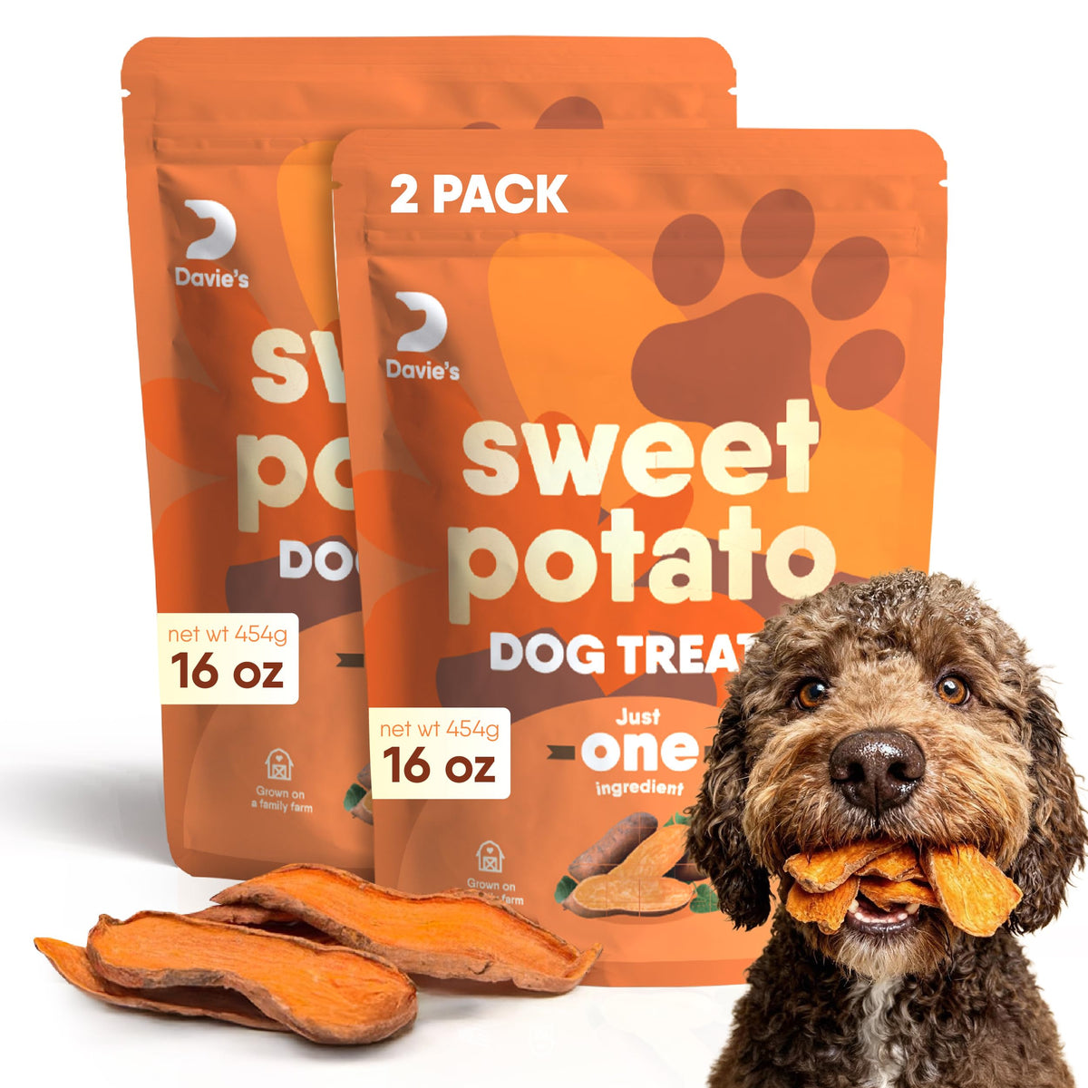 Davie's Naturals batata dulce para perros en empaque, snack natural y sin conservantes