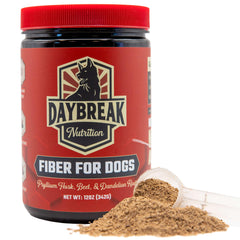 Daybreak Nutrition Fibra para Perros, envase frente, enfoque en digestión equilibrada