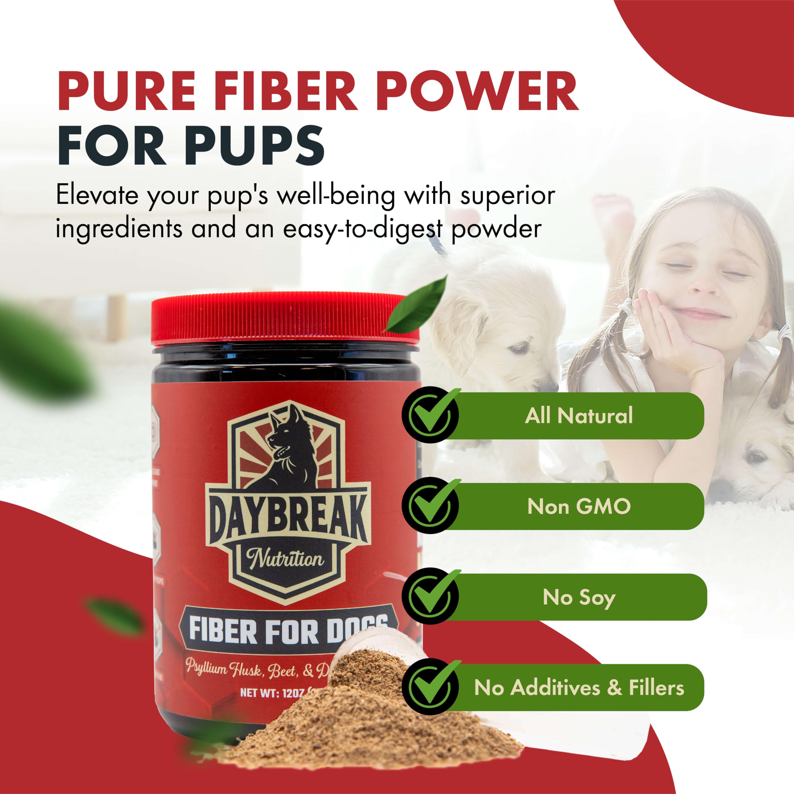 Daybreak Nutrition Fibra para Perros, prebióticos visibles para microbiota intestinal