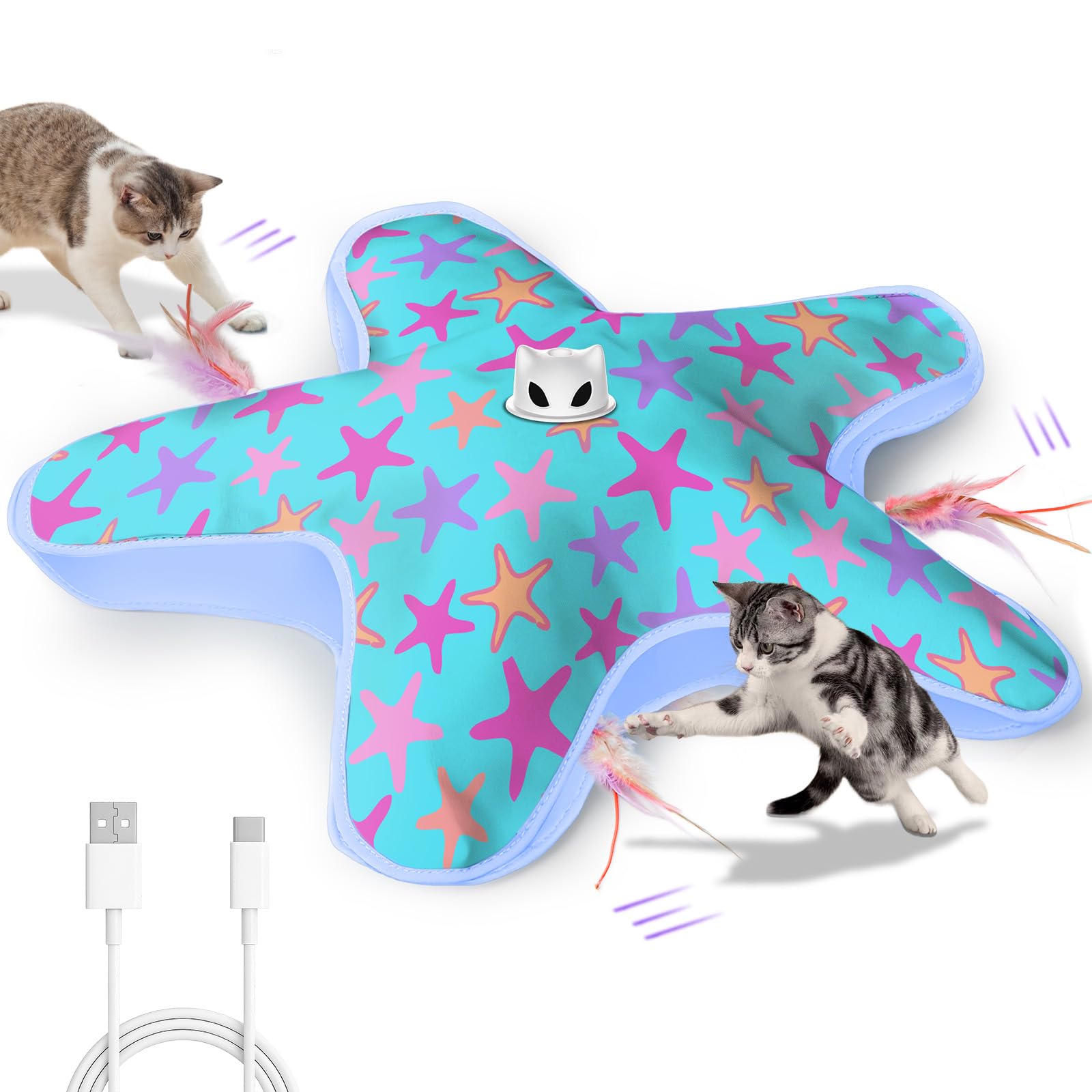 ddxcoo juguete gato interactivo recargable con cubierta azul y purpura para estimular juego diario.