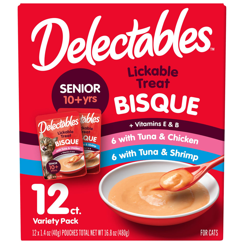 Delectables Bisque Senior en sachet 1,4 oz, présentation claire pour chat âgé.