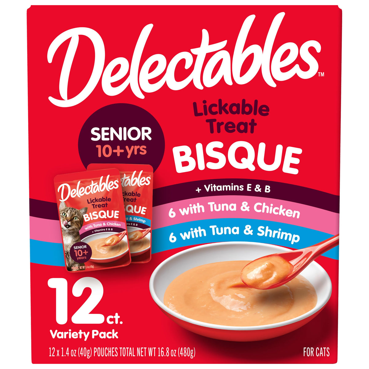 Delectables Bisque Senior en sachet 1,4 oz, présentation claire pour chat âgé.