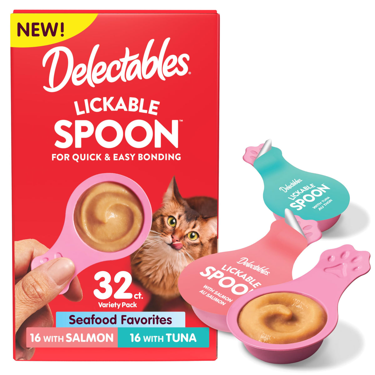 Delectables Cucharita salmón y atún: snack rápido para fortalecer el vínculo con tu gato.