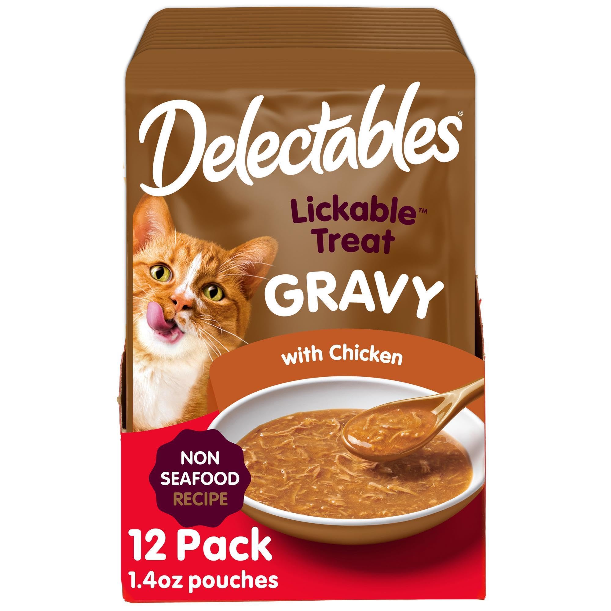 Delectables gravy non-seafood chicken lickable topper close-up showing savory hydration for cats