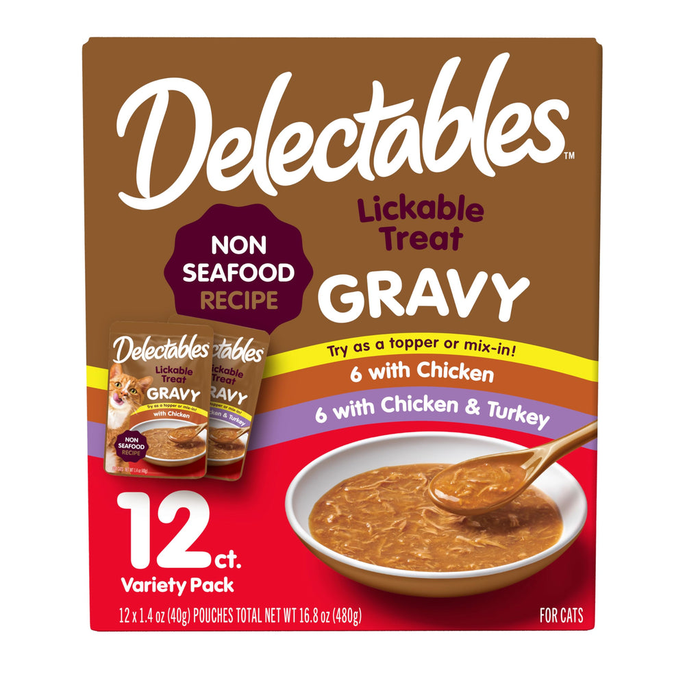 Delectables Hartz gravy lickable chicken-topper poured over kibble for moisture.