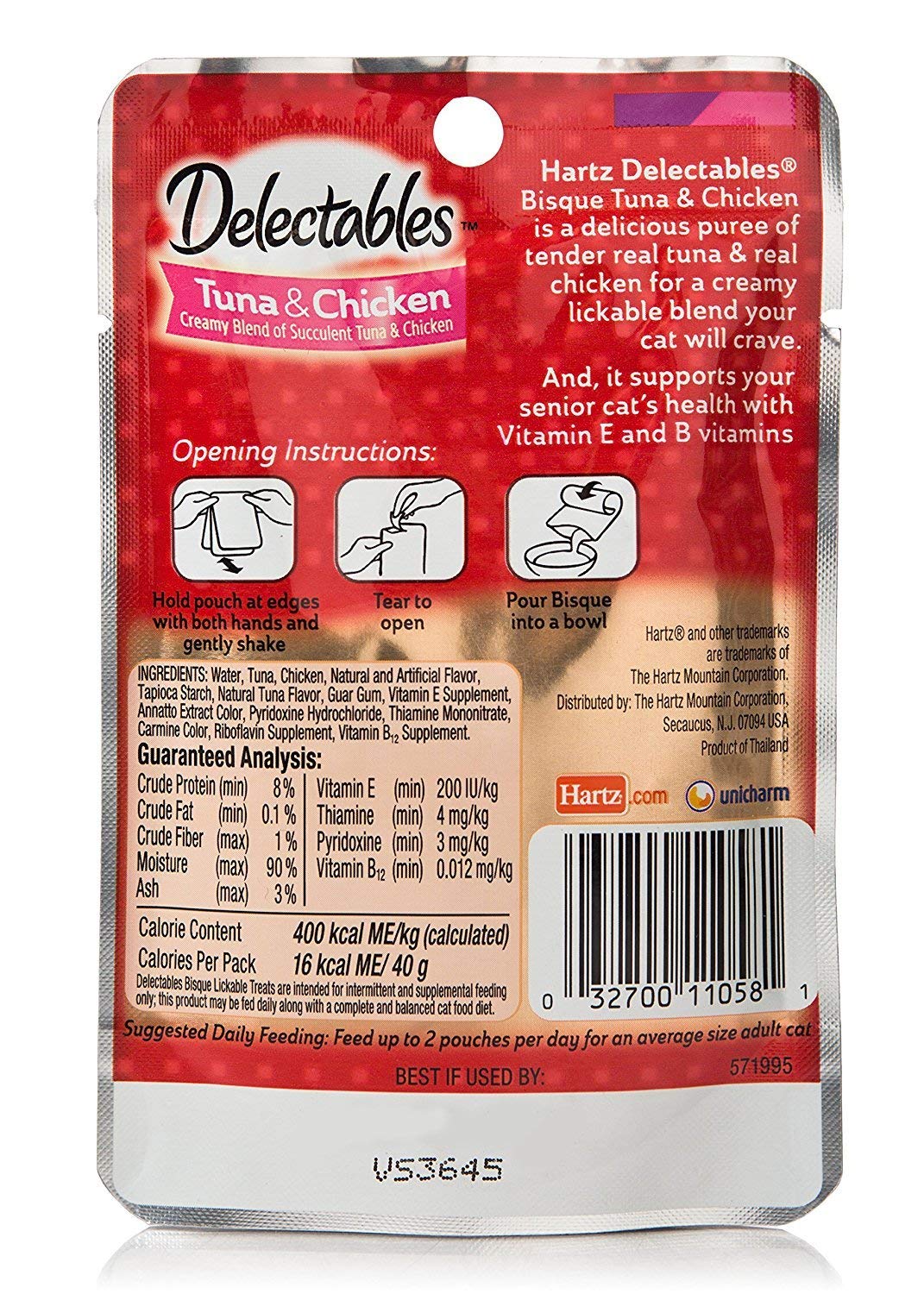 Delectables premio diario para gatos mayores, presentación conveniente en bolsita individual.