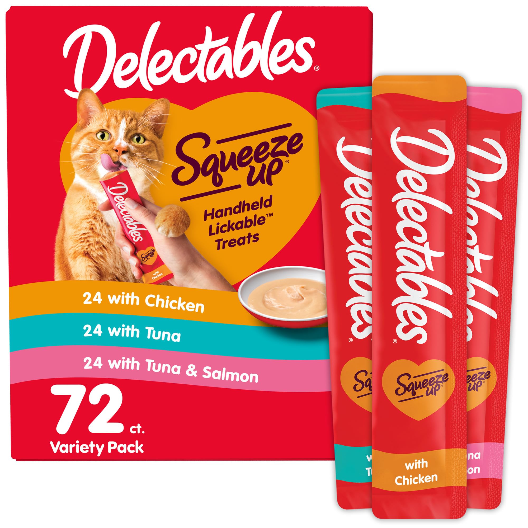 Delectables Squeeze Up: 72 tubos de puré para gatos, premiar diariamente.