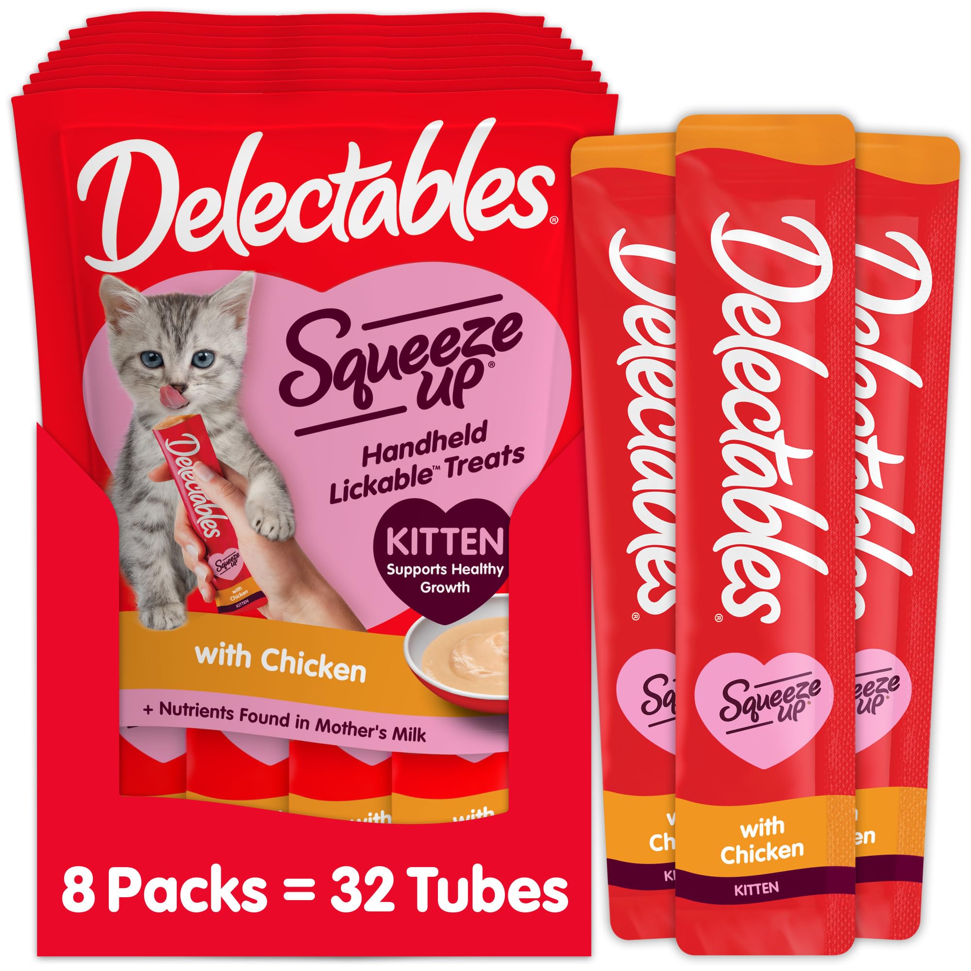 Delectables Squeeze Up gatito puré cremoso en tubo para recompensa interactiva.