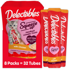 Delectables Squeeze Up gatito puré cremoso en tubo para recompensa interactiva.