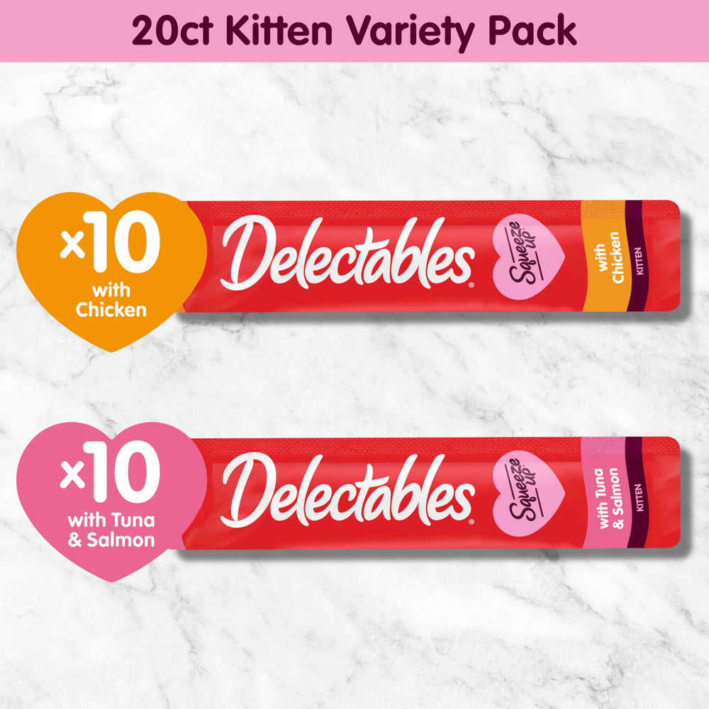 Delectables Squeeze Up sin conservantes, snack para gatitos saludables.