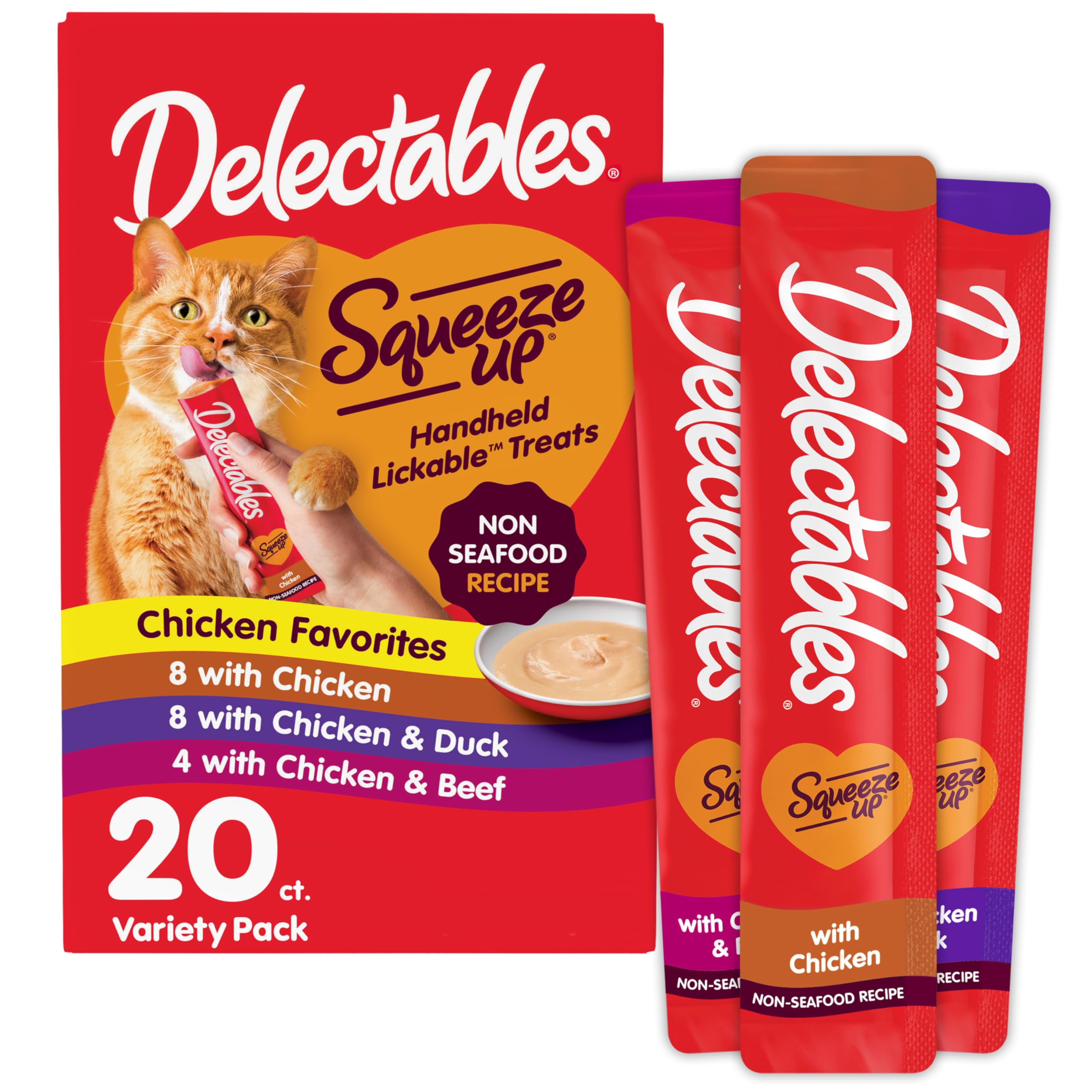 Delectables Squeeze Up Pack Variado sin Mariscos, 20 Tubos, ideal para recompensas diarias