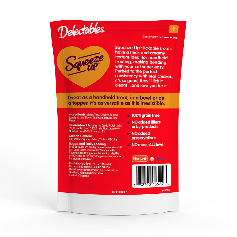 Delectables Squeeze Up: sabor pollo sin granos, apto para dietas sensibles.