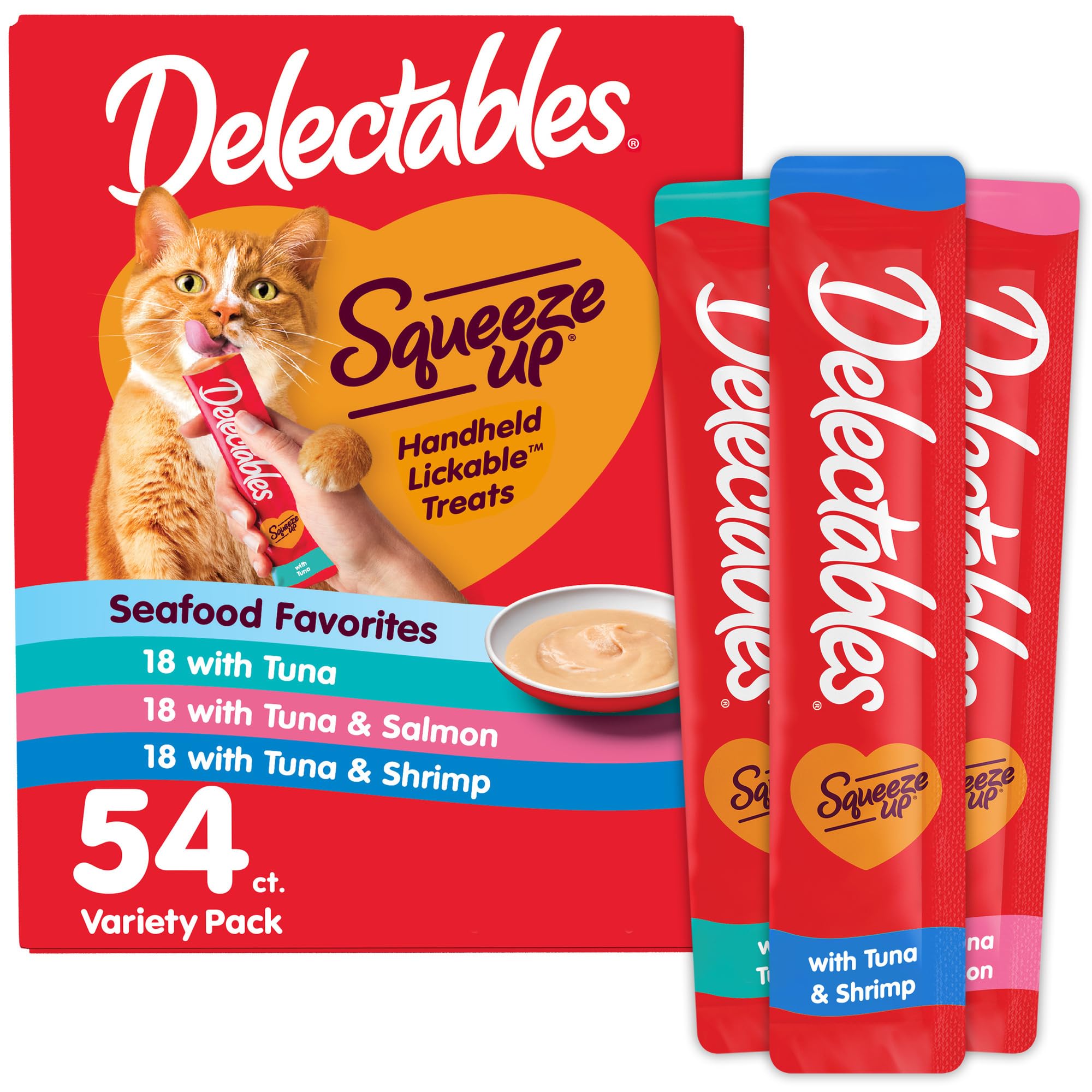 Delectables Squeeze Up variedad mariscos en tubos de 0,5 onzas, ideal para recompensas diarias.