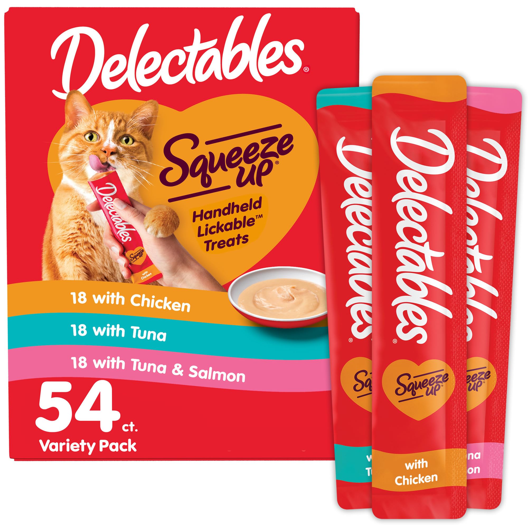 Delectables Squeeze Up, tubos de 0,5 onzas, textura cremosa para premiar y fomentar la hidratación.