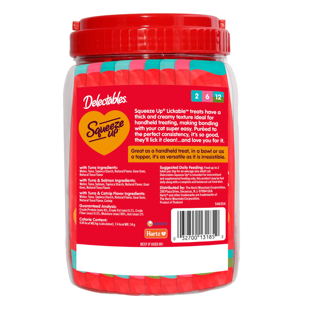 Delectables Squeeze Up Tuna, sabor atún y salmón que atrae felinos.