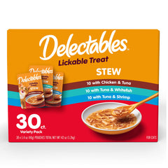 Delectables Stew pack variedad para gatos adultos, ideal como topper sabroso.