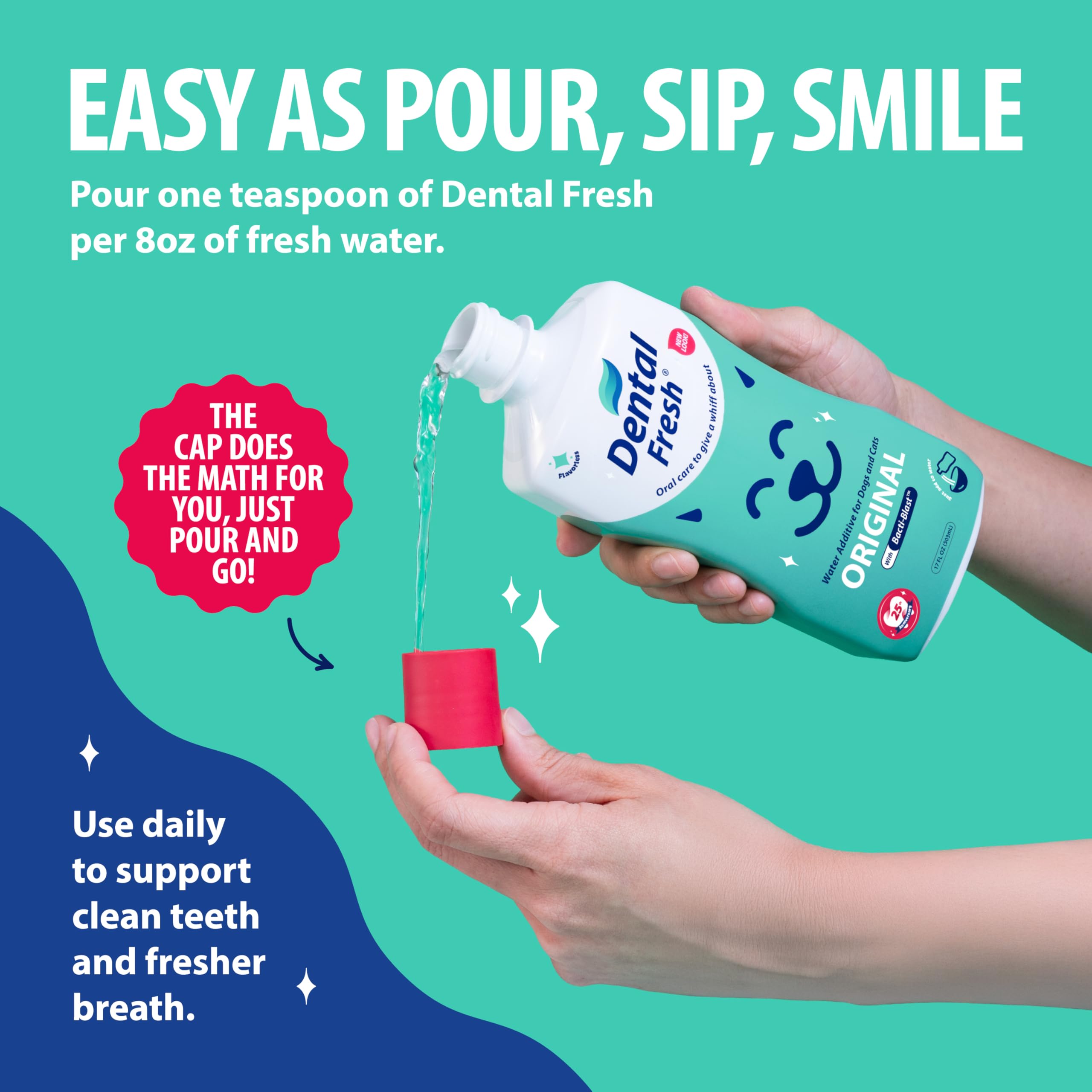 Perro bebiendo agua con Dental Fresh apoyo para higiene bucal
