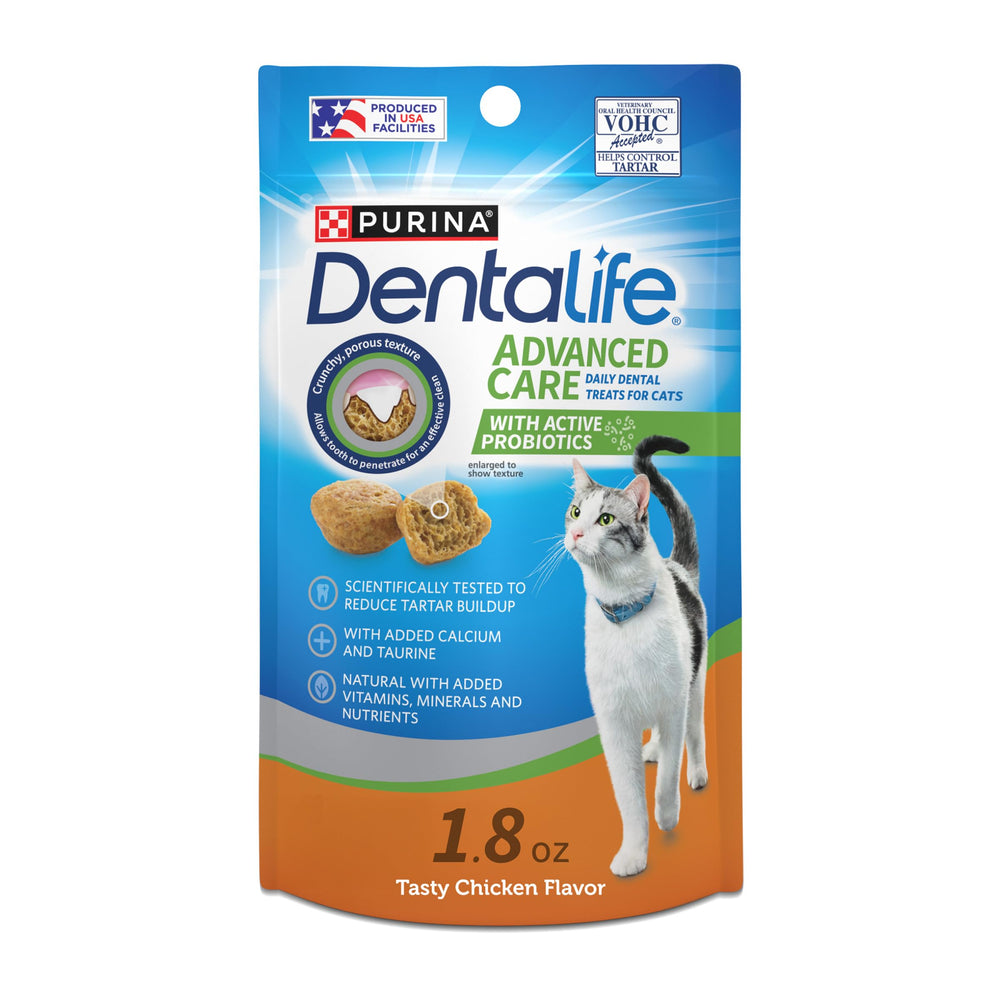 Dentalife gatos empaque de tratitos, fácil de almacenar para cuidado diario.