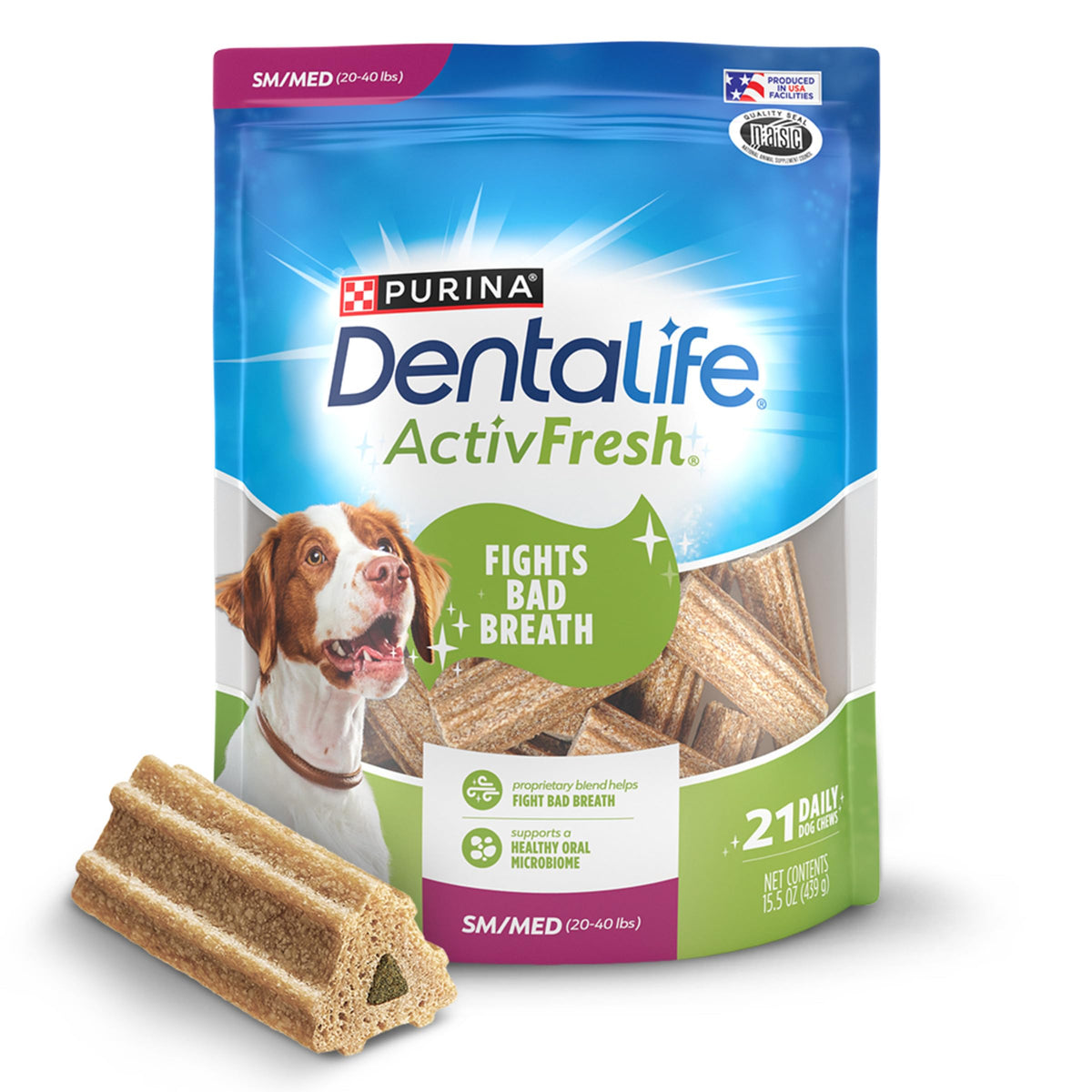 Empaque de DentaLife ActivFresh con 21 masticables para perros pequeños y medianos