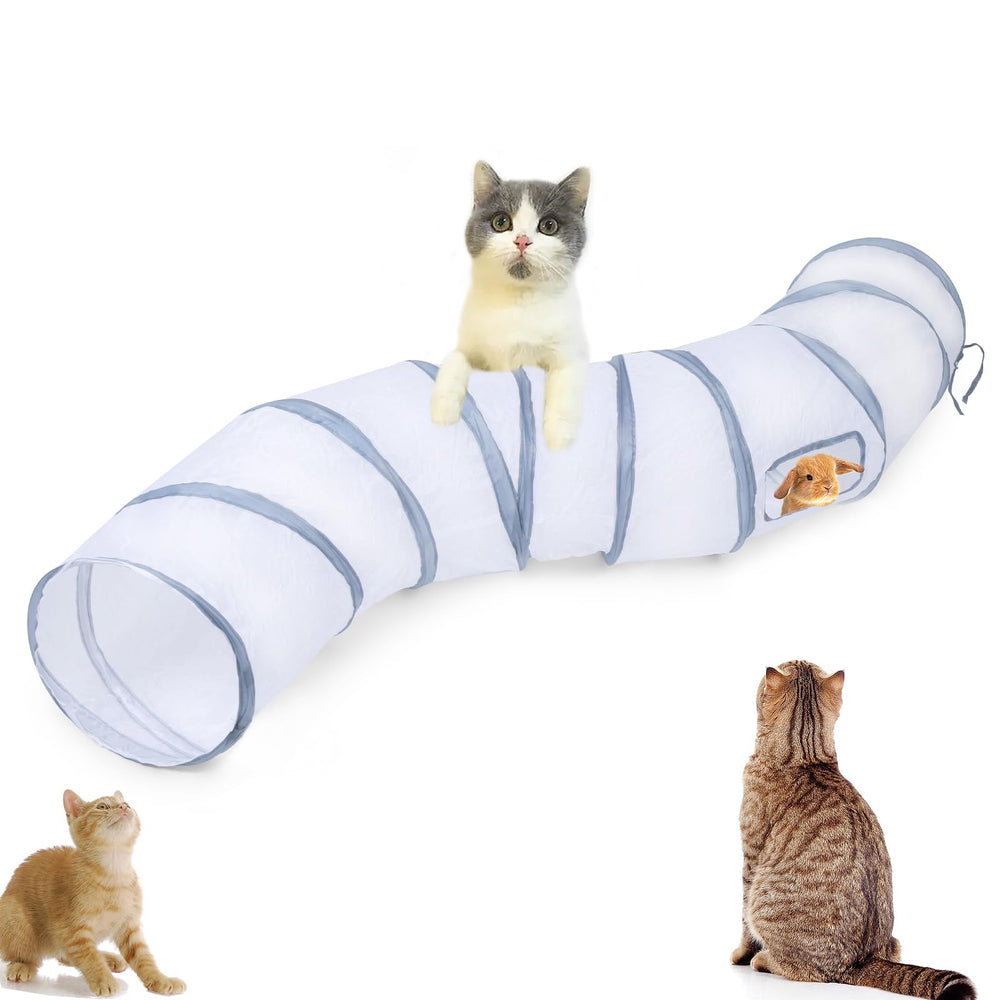 Túnel Deofun para gatos en forma S blanco, ideal para explorar dentro de casa.
