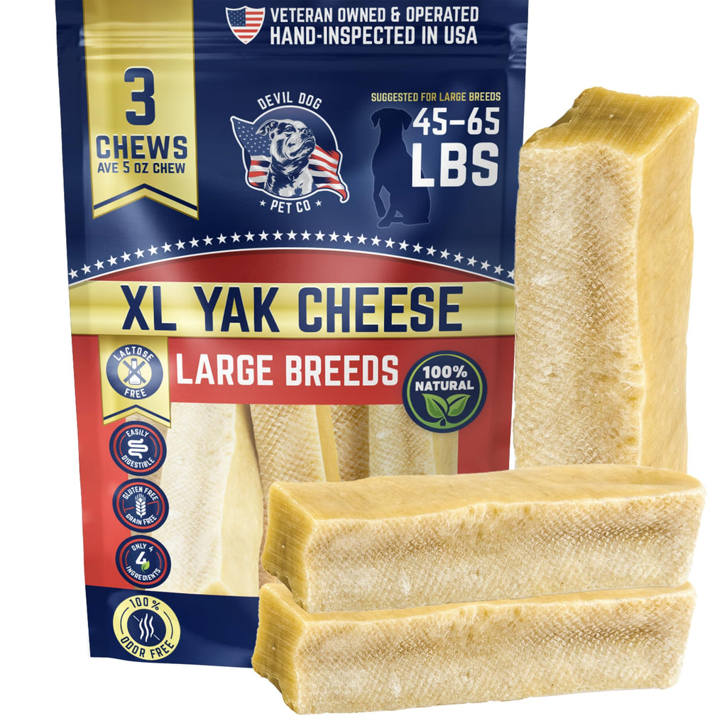 Devil Dog Pet Co masticables yak queso XL con paquete de tres para entretenimiento seguro.