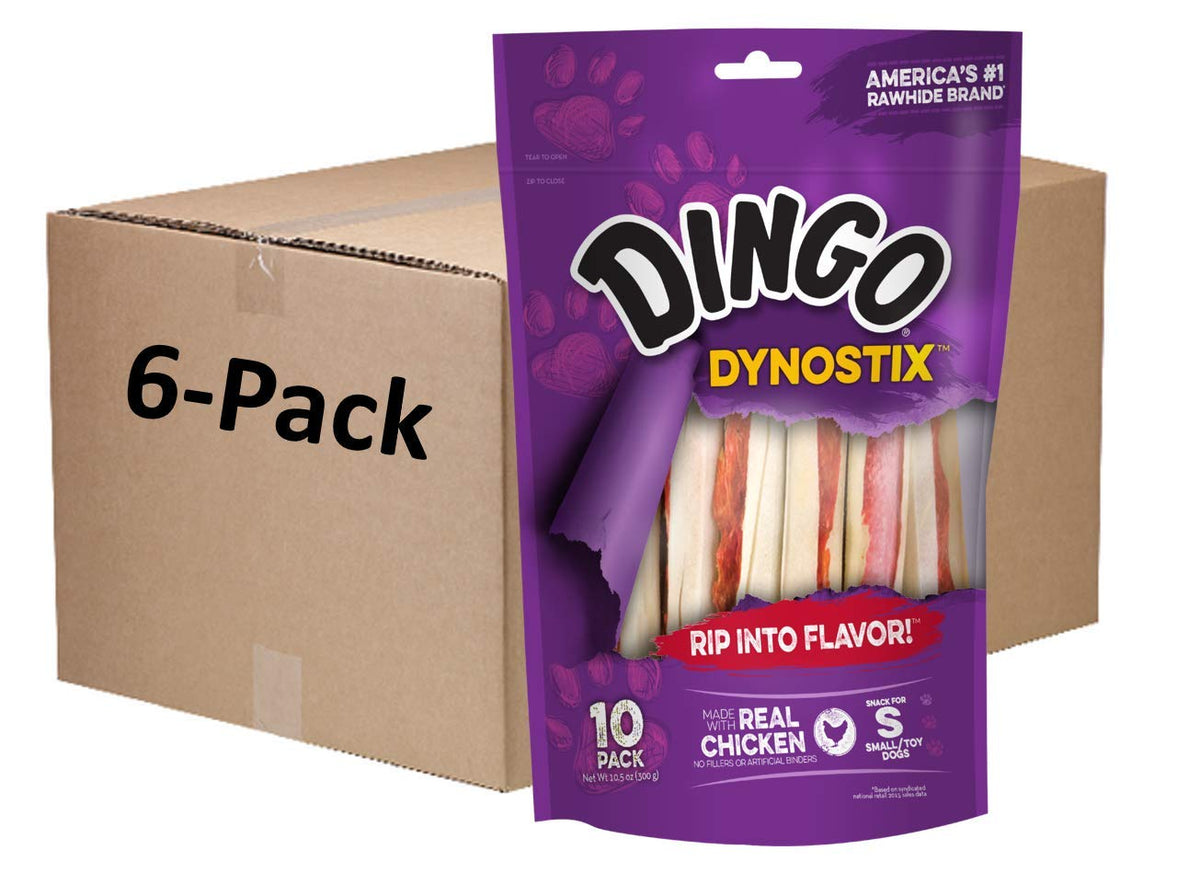 Dingo Dynostix: palitos de pollo real envueltos en cuero crudo, sabor irresistible para perros pequeños.