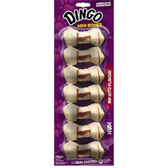 Dingo Mini Bones con pollo real, vista cercana de la textura sabrosa para masticar
