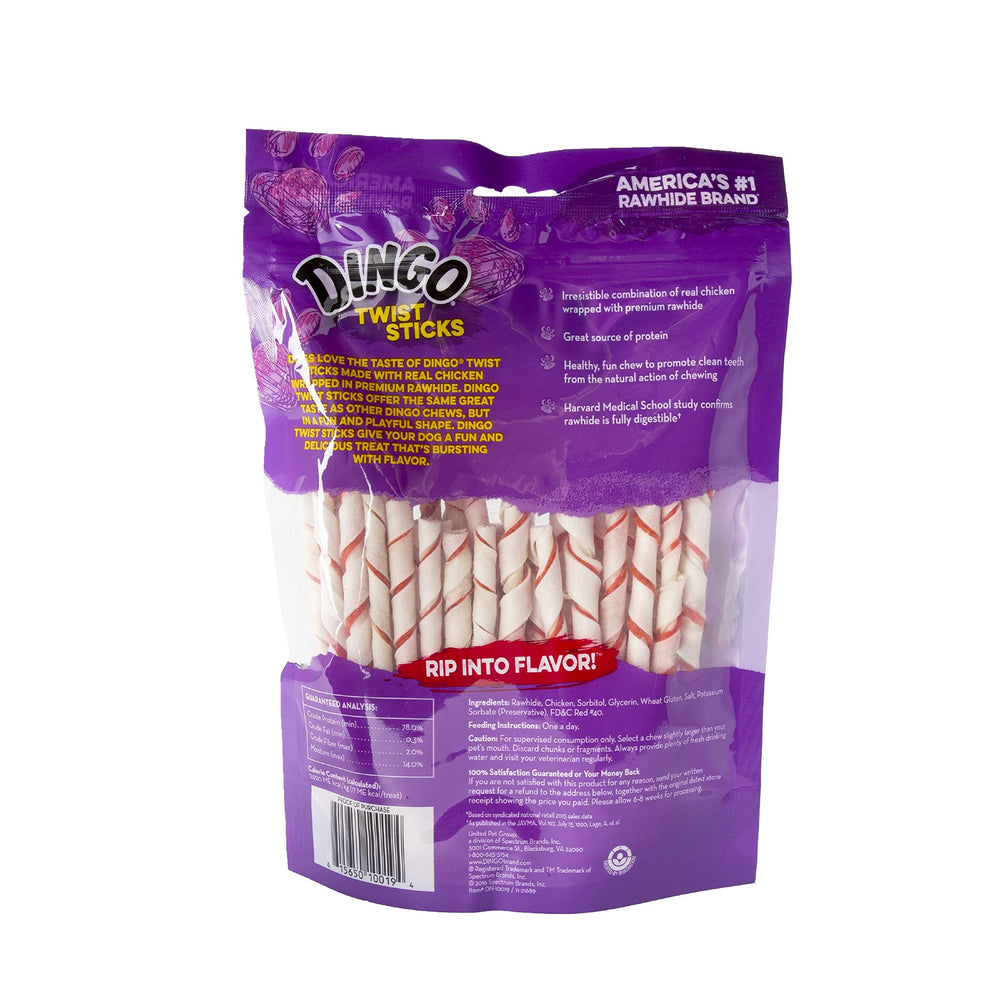 Palitos Torcidos Dingo: pollo real envuelto en rawhide, sabor y proteína.