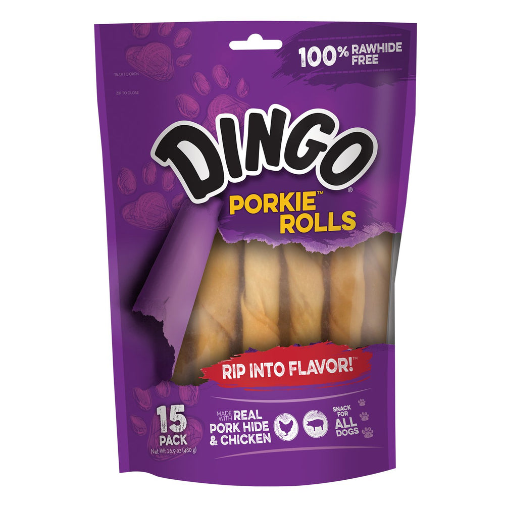 Dingo Porkie Rolls en empaque, snack sabroso para perros para masticar.