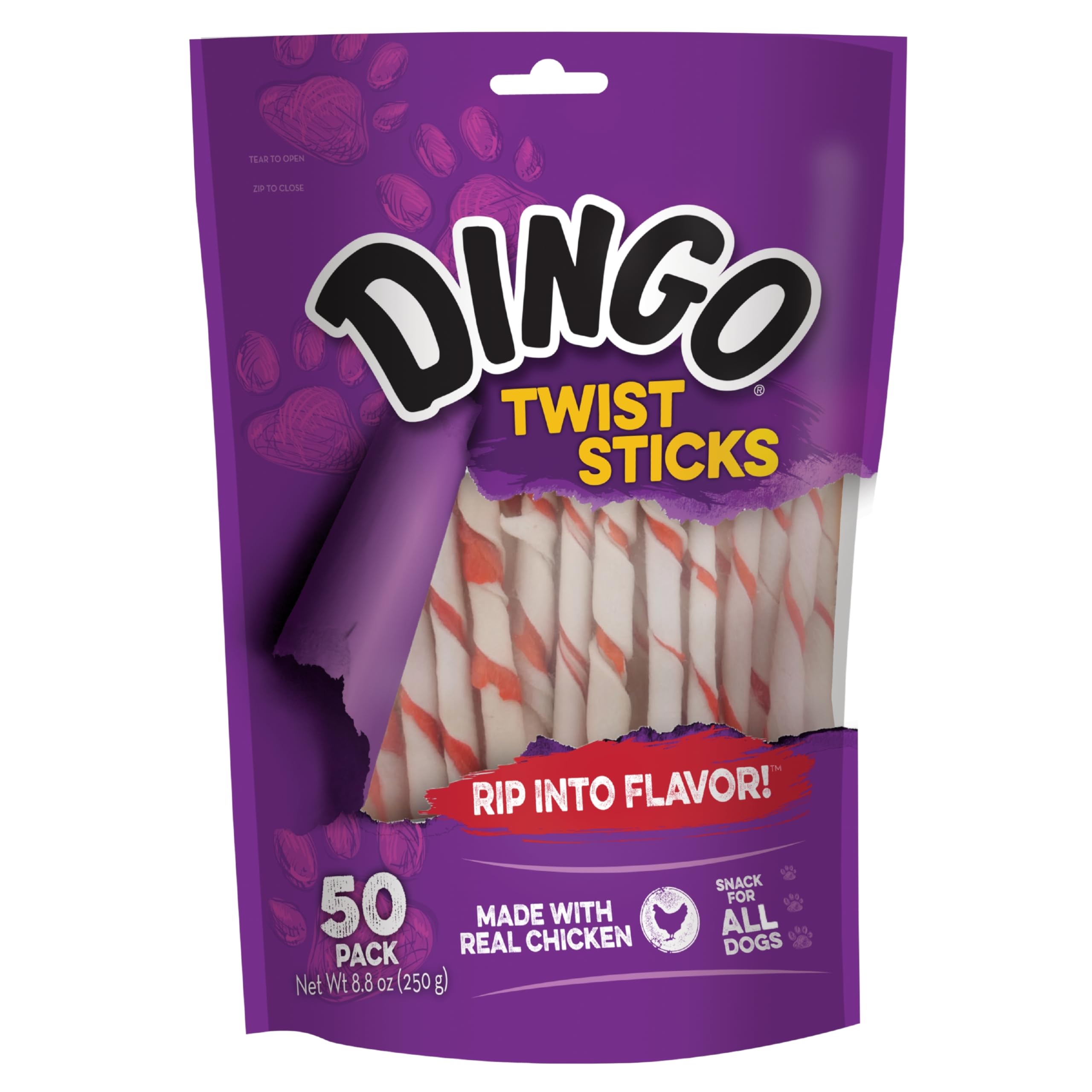 Dingo Palitos Torcidos con pollo real envuelto en cuero crudo premium para perros.
