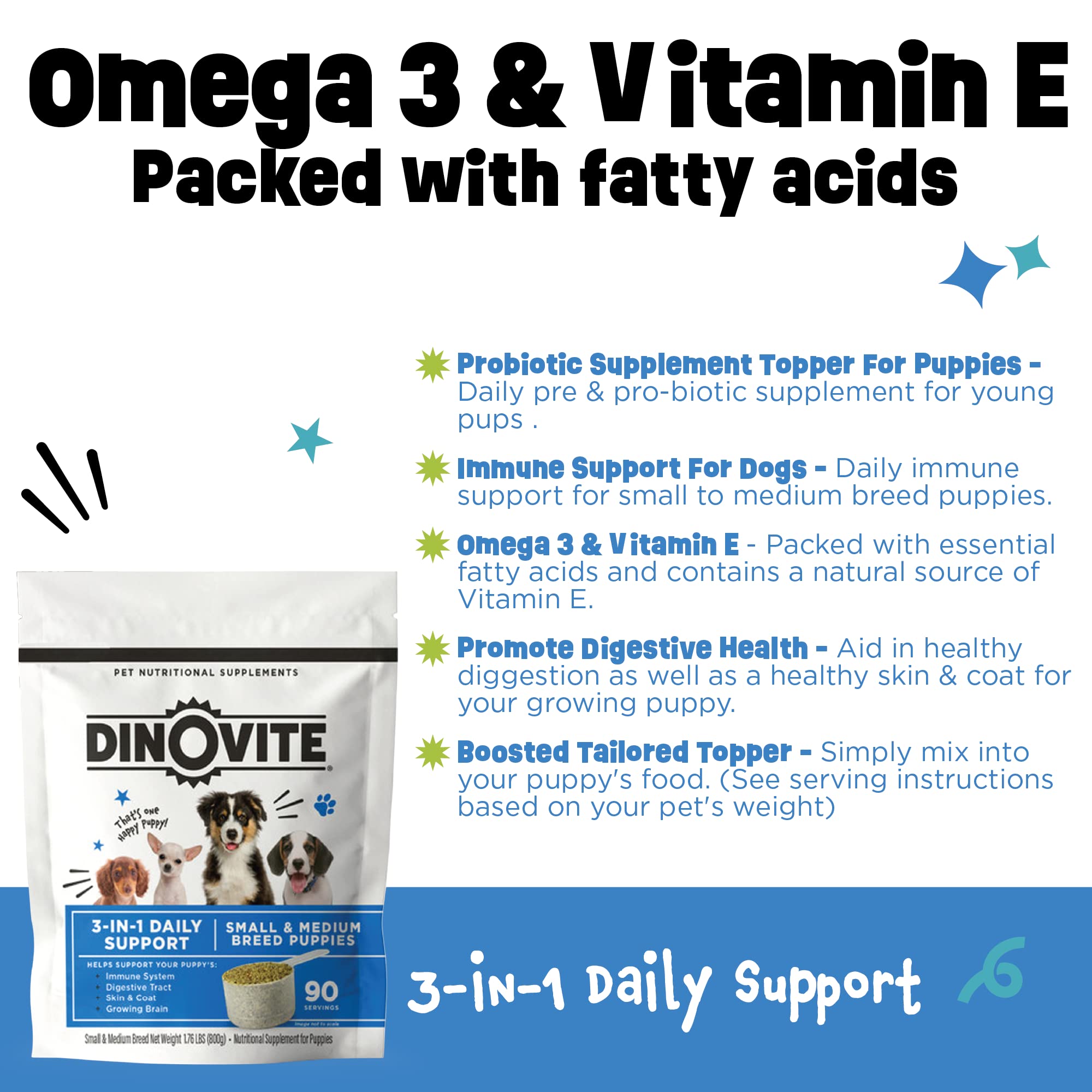 Dinovite 3 en 1 Probiótico, vertido sobre comida de cachorro, nutrición sencilla