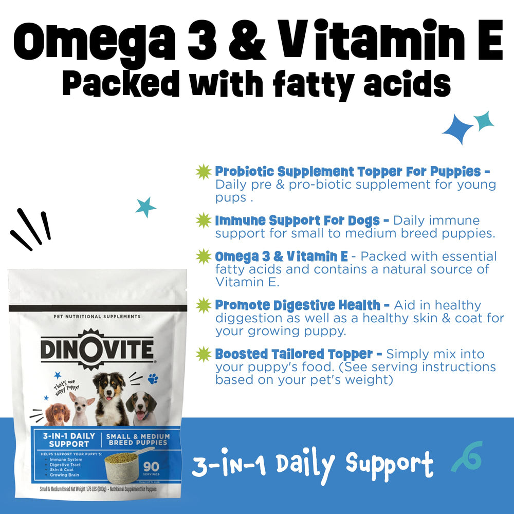 Dinovite 3 en 1 Probiótico, vertido sobre comida de cachorro, nutrición sencilla