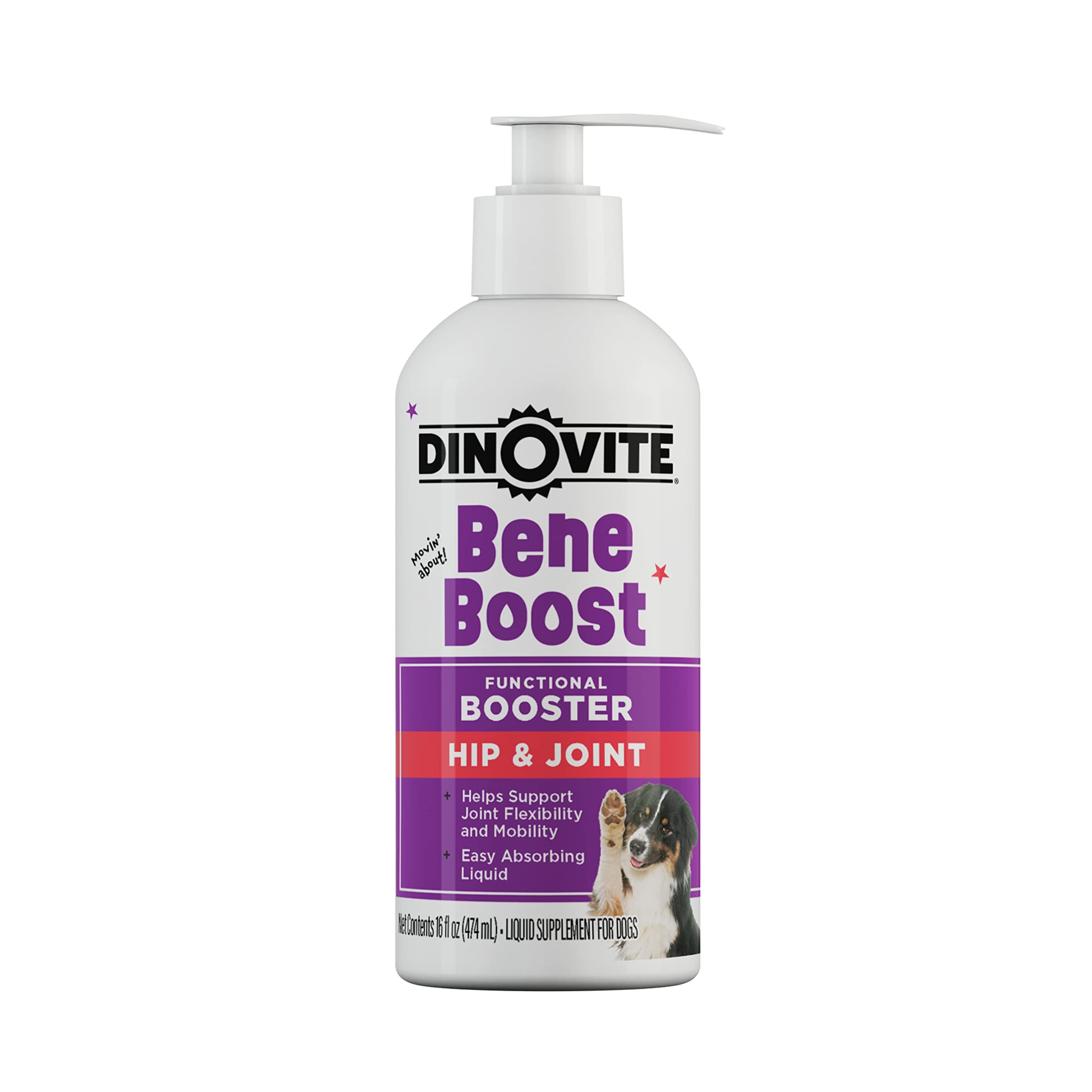 Dinovite BeneBoost, botella vertida sobre comida, apoyo diario a la movilidad de perros.