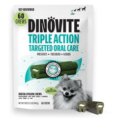 Dinovite masticables dentales en empaque para perros, fortalecen la higiene bucal.