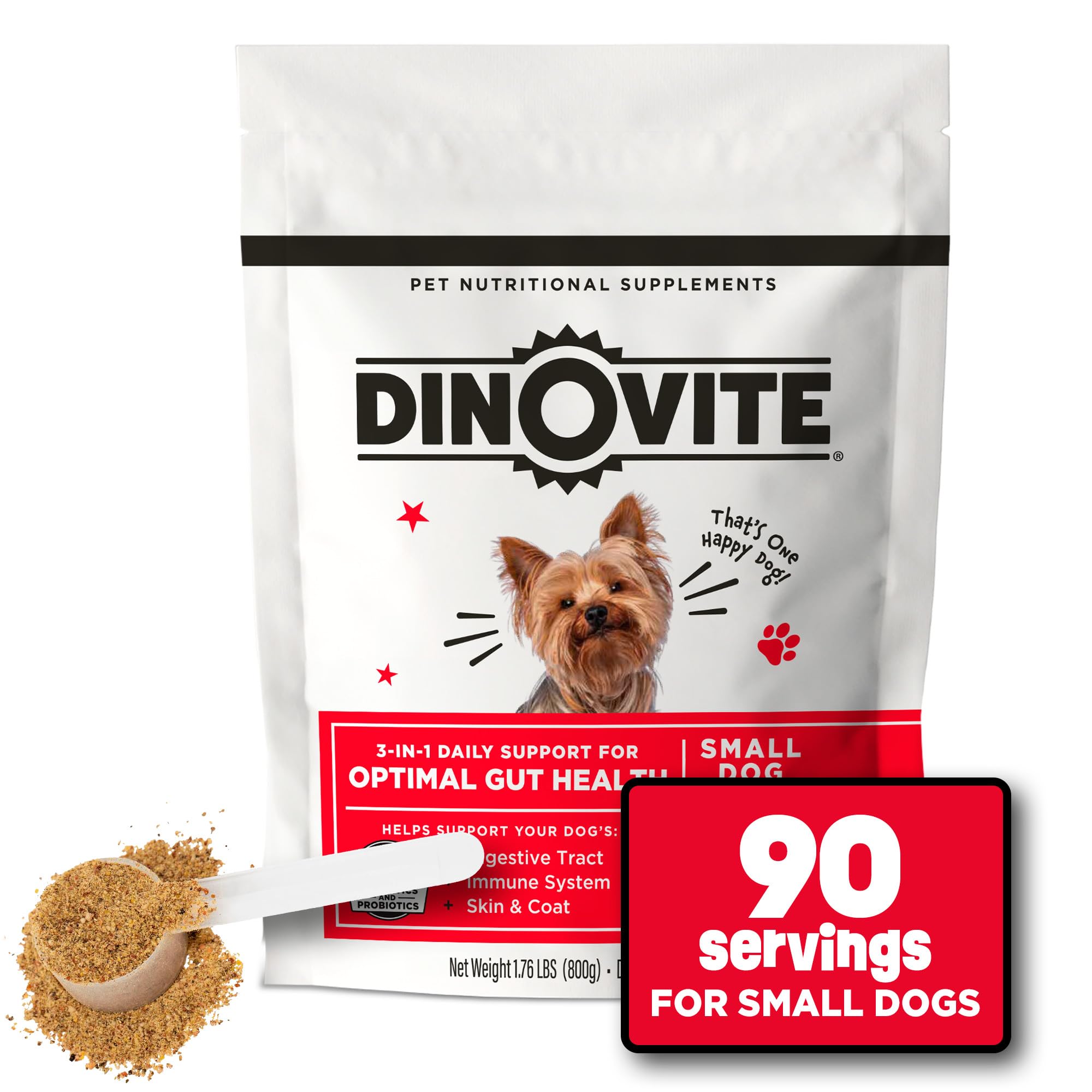 Dinovite Probiotics: frasco de uso diario para apoyo digestivo en perros pequeños.