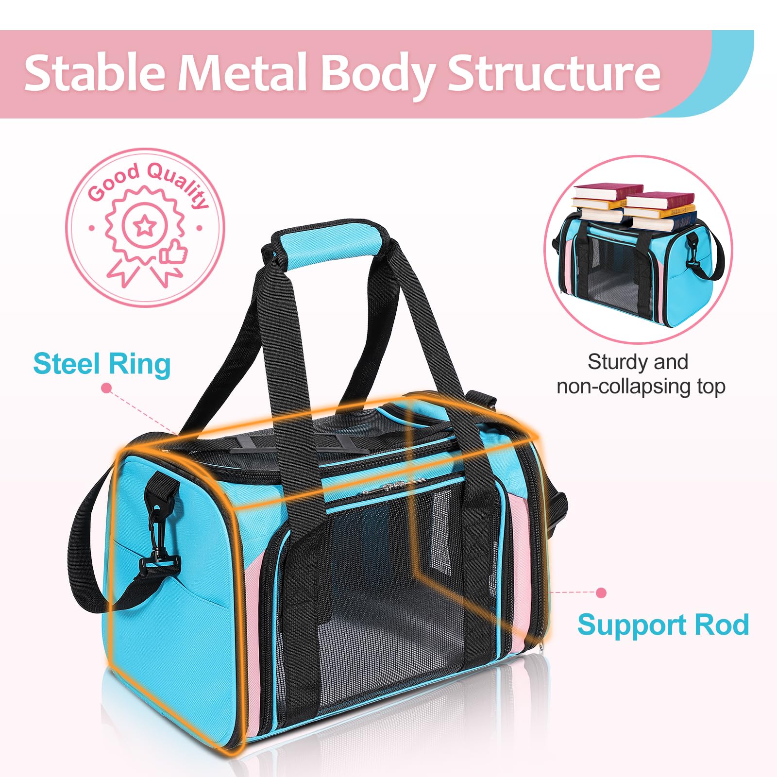 Diseño portátil y plegable con asas y correa ajustable para transporte.