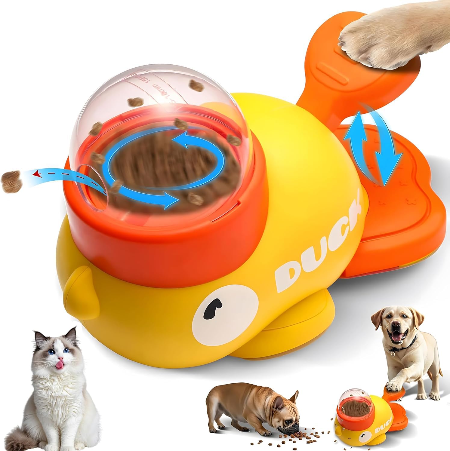 Dispensador de recompensas para perros forma pato; juego interactivo que estimula la concentración.